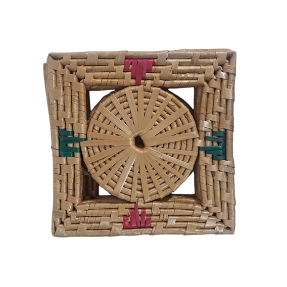 Vintage Straw Woven Square Trivets Set Of Four Pink Green Retro Boho - Picture 3 of 9